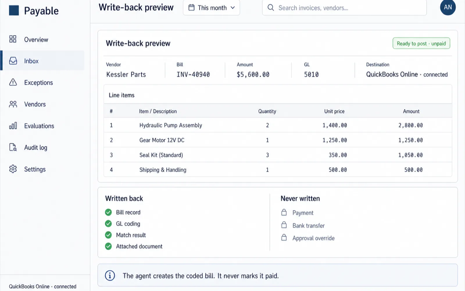 Write-back preview showing a coded, matched bill record ready to post to the accounting system as unpaid, with a clear split between what the agent writes back and what it never writes, including payment
