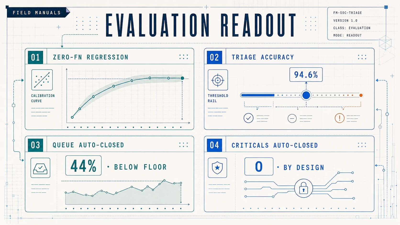 SOC triage evaluation dashboard showing zero false-negative misses across 131 alerts, 94.6% triage accuracy, 44% of the queue automatically closed below the severity floor, and zero critical alerts automatically closed